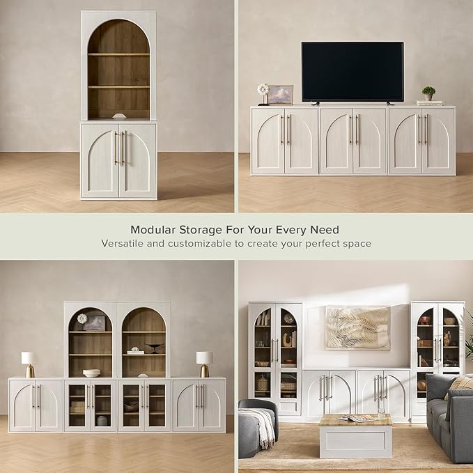 mopio Blake Storage Cabinet, Small Modular Accent Display Sideboard Buffet Cabinet with Storage, Media Console Credenza, for Kitchen, Coffee Bar, Pantry, Living Room (White Oak Arched, Set of 2)