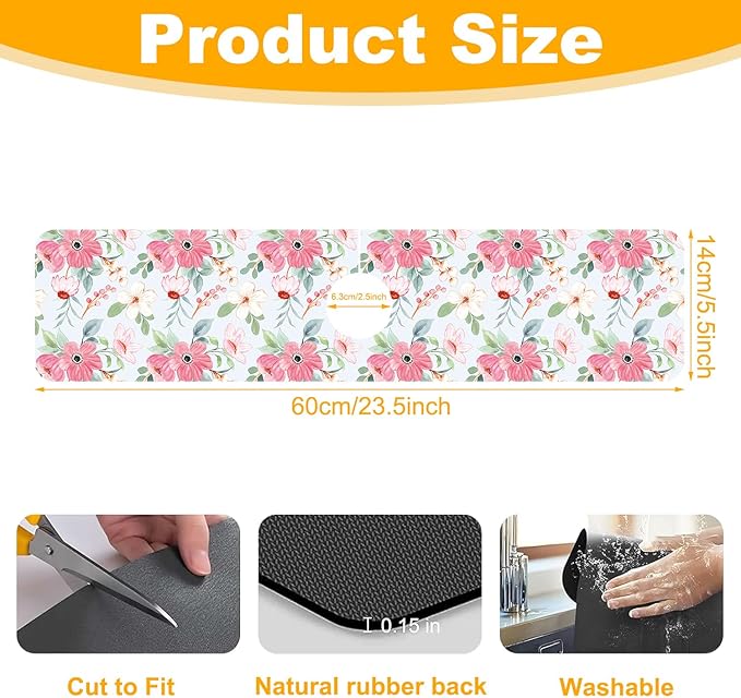 2 Pack Watercolor Floral Sink Faucet Absorbing Mat White Pink Flowers Super Absorbent Fast Drying Mat Sink Gadgets Behind Faucet Sinkmat for Kitchen Bathroom, 23.5"x5.5"