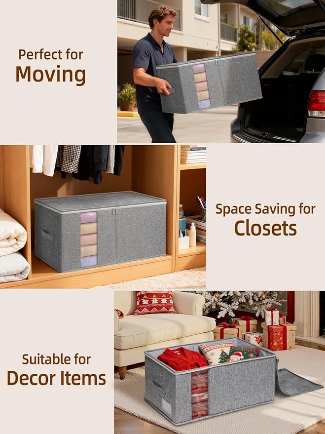 boailydi 90L King Size Comforter Storage Bag w/Rigid Panels, Large Blanket Organizer for Closet, Stackable & Foldable Container w/Clear Window & Smooth Zippers for Bedding Sets/Clothes, 2 Pack, Gray