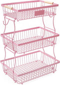3 Tier Fruit Basket with 2 Banana Hangers, Mesh Basket Fruits Stand Produce Holder Organizer for Onion Potato Bread Snack Veggie Pink