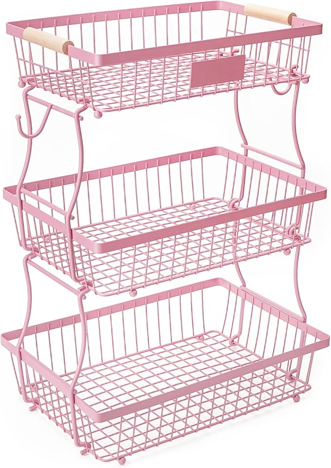 3 Tier Fruit Basket with 2 Banana Hangers, Mesh Basket Fruits Stand Produce Holder Organizer for Onion Potato Bread Snack Veggie Pink