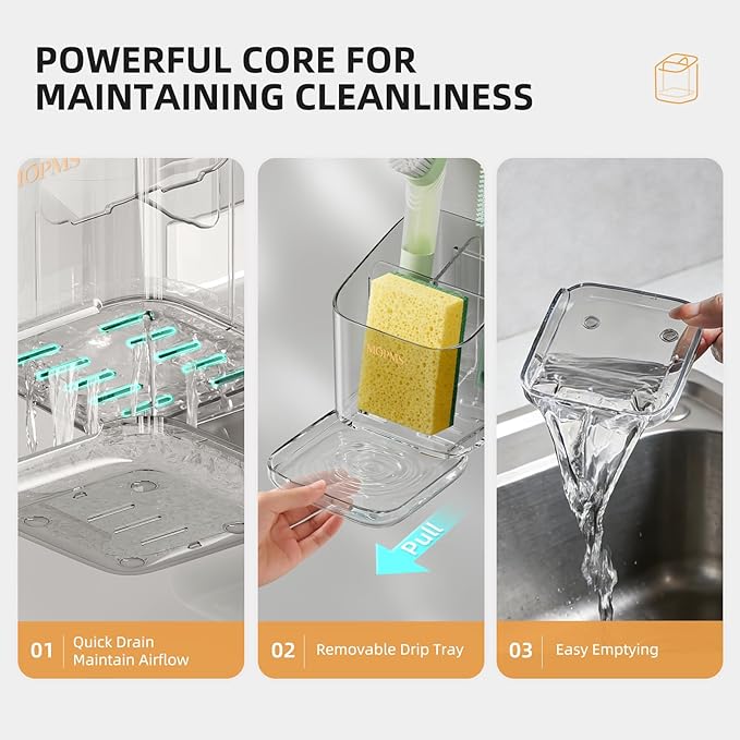 Minimalist Sponge Holder for Kitchen Sink, 3 Slots Sink Caddy with Removable Divider and Drip Tray, Clear PET Countertop Organizer to Free up Kitchen Sink Space