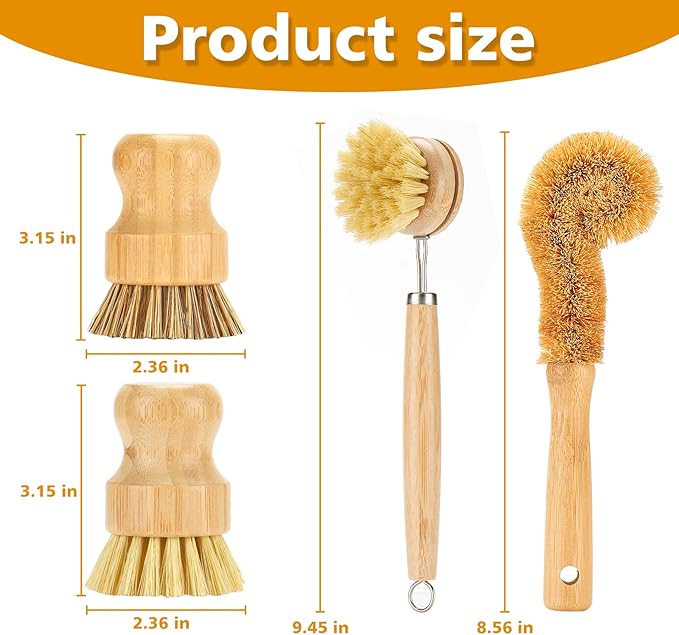 Bamboo Dish Brushes Sets 4 Tools in One Kitchen Clean Dish Scrubber for Pots Pans Bottles with Natural Bristles (Bamboo Brushes Sets)
