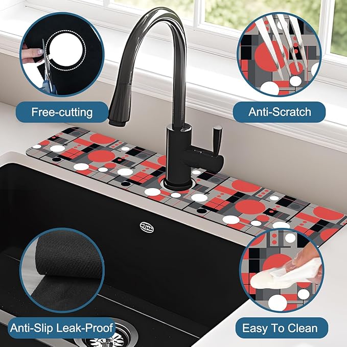 Abstract Geometric Sink Splash Guard Faucet Mat Vintage Tile Super Absorbent Fast Drying Mat Sink Gadgets-Splash Guard Behind Faucet Drip Catcher for Kitchen Bathroom, 23.5"x5.5"