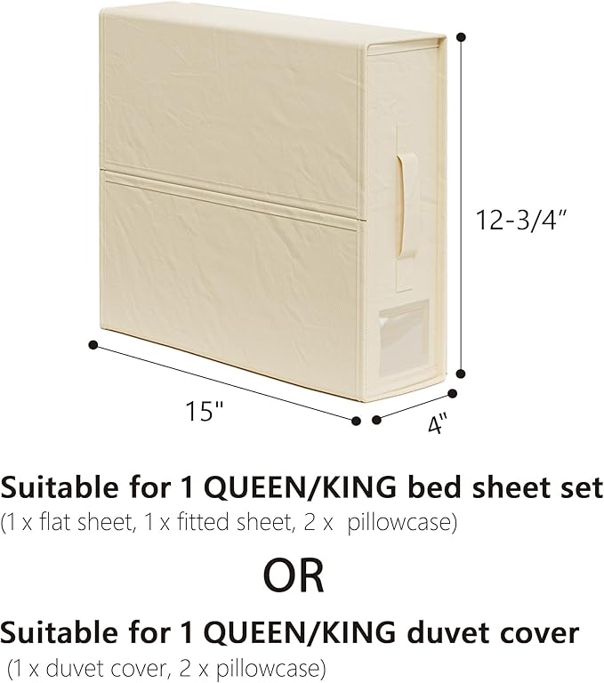 SheetCube Bed Sheet Organizers and Storage 4 Pack, Foldable Linen Closet Organizer with Window and Label, Bedding Folder Storage Box Container for Blanket, Duvet Cover Set, Bed Sheet Set - Beige