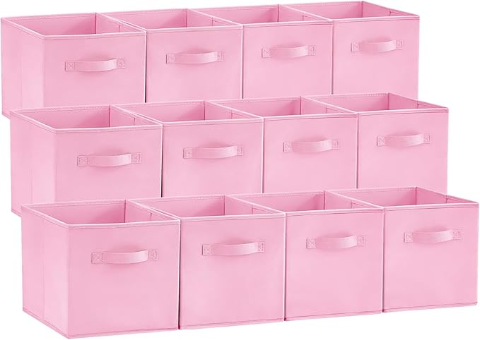 Lifewit Storage Cubes, Foldable Decorative Fabric Storage Baskets for Organizing Home Organizers with Handles for Shelves, Closet, 11 Inch Bins, 18L Pink, 12 Packs