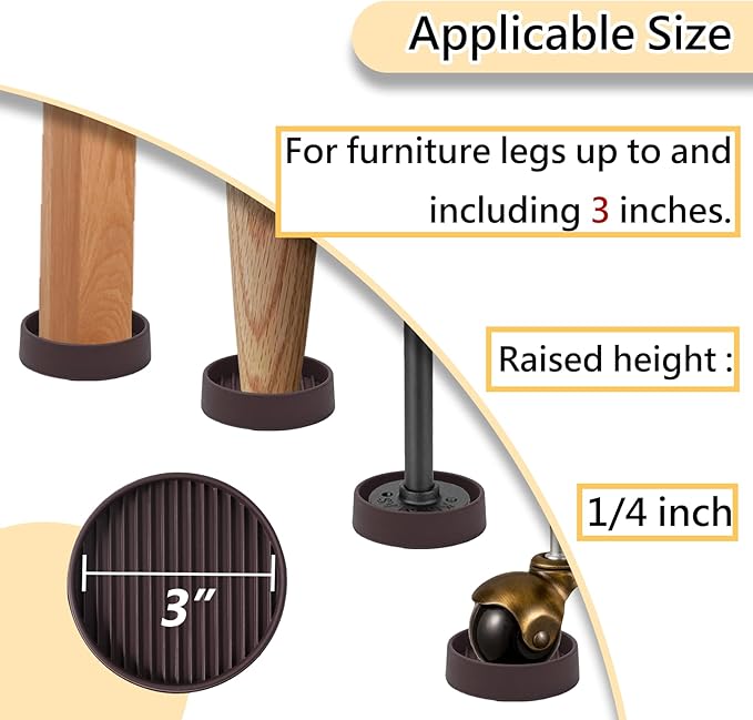 3x3 Round Rubber Furniture Caster Cups, Anti-Sliding Furniture Pads Bed Stopper Floor Protectors with Grip - Protect Any Flooring