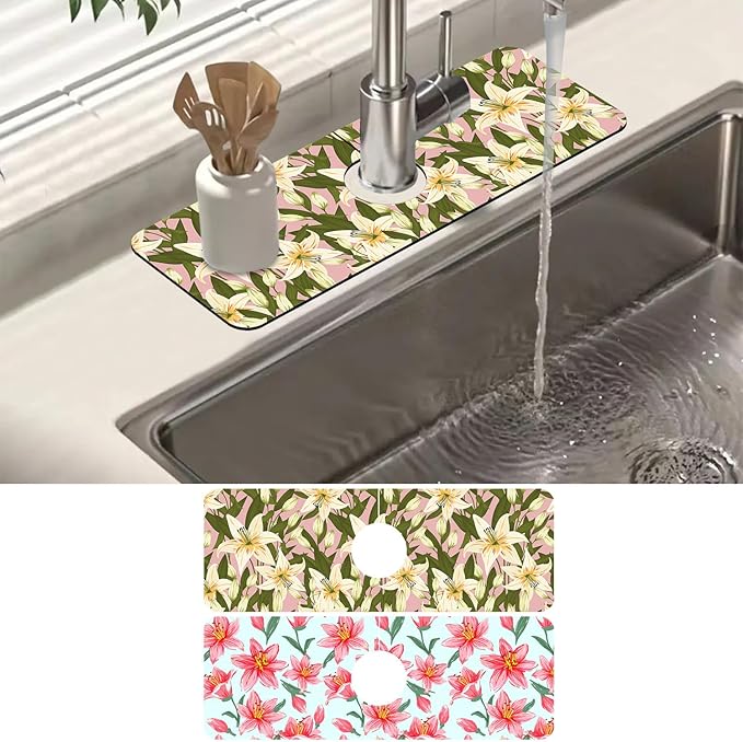 2 Pack Vintage Flowers Leaves Sink Faucet Absorbing Mat Colorful Llilies Super Absorbent Fast Drying Mat Sink Gadgets Behind Faucet Sinkmat for Kitchen Bathroom, 15.5"x5.5"