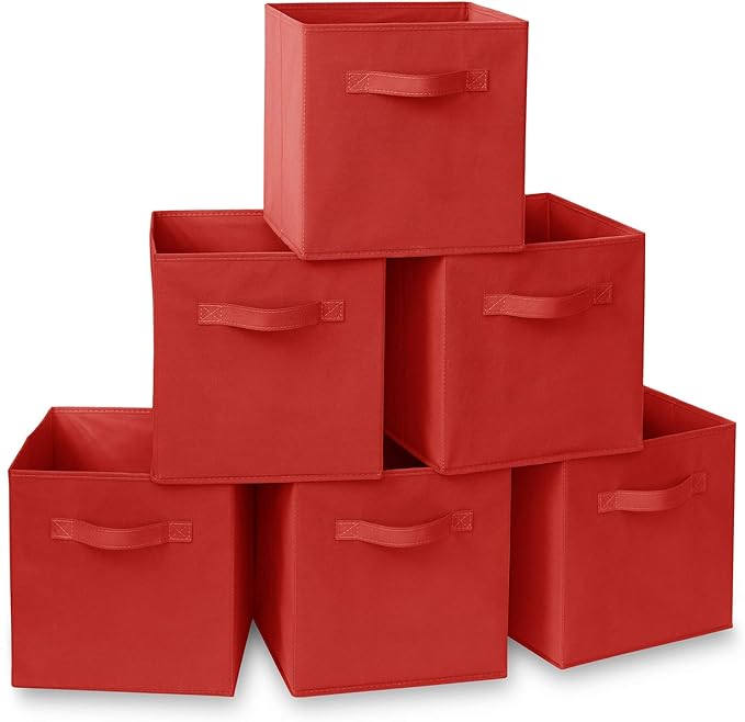 Casafield Set of 6 Collapsible Fabric Cube Storage Bins, Red - 11" Foldable Cloth Baskets for Shelves, Cubby Organizers & More