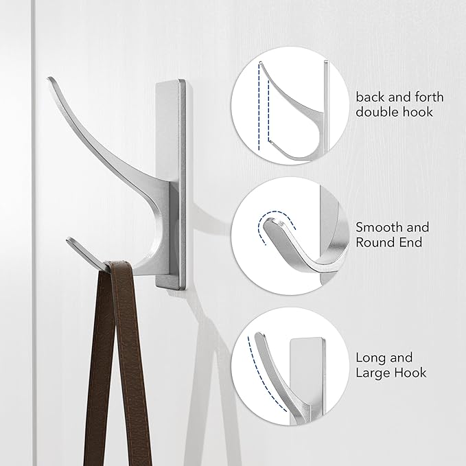 pickpiff Self Adhesive Coat Hooks for Hanging: Heavy Duty Stainless Wall Hook for Towel, Utensil, Backpack, Hat, Sturdy Metal Hanger for Bathroom, Kitchen, Door, 4-Pack, Silver, New