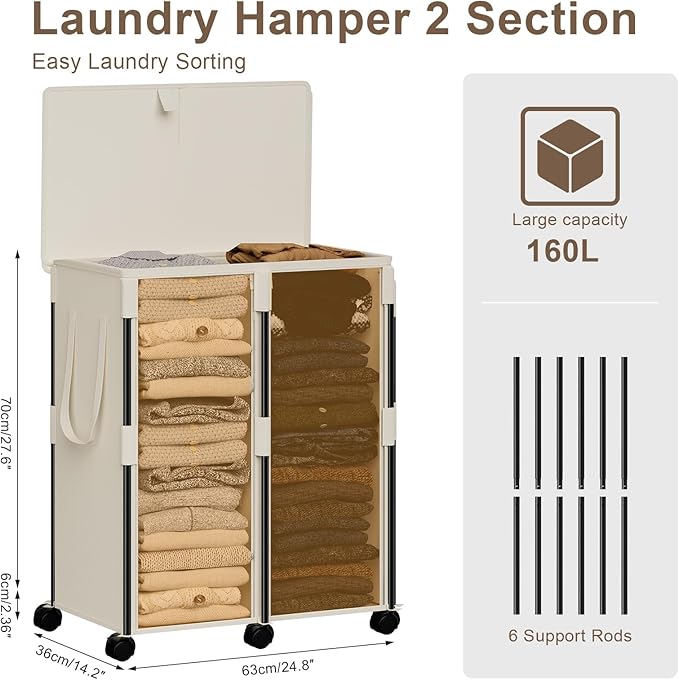 Chrislley 160L Large Double Laundry Hamper with Lid and 6 Wheels, Rolling Laundry Basket with 2 Removable Bags, Heavy Duty Metal Frame Laundry Cart, Dirty Clothes Hamper for Bathroom, Bedroom (Beige)