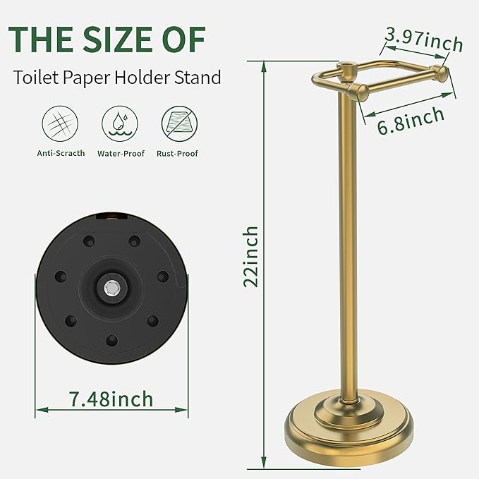 Toilet Paper Holder Stand,Free Standing Toilet Paper Holder,Modern Post Pivoting Toilet Paper Stand with Stable Weighted Base,SUS304 Stainless Steel Tissue Roll Holder Stand for Bathroom,Brushed Gold