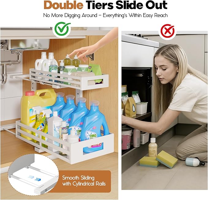 2-Pack 17"Deep Under Sink Organizer And Storage, 2-Tier L-Shaped Pull Out Cabinet Organizer with Upgraded Slide Rails, Height Adjustable Drawers for Kitchen&Bathroom, Extra-Large Storage Shelves–White