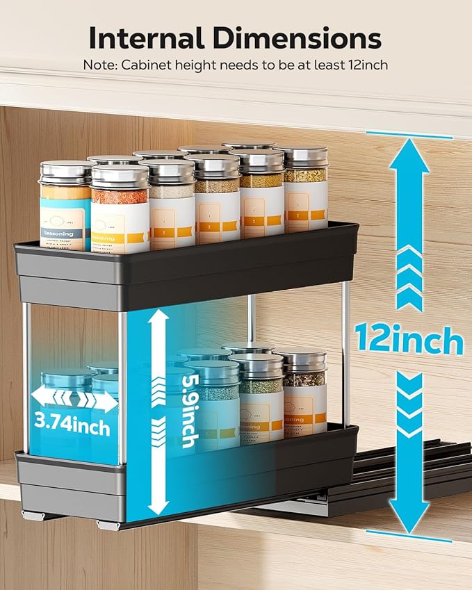 Nieifi Spice Organization for Cabinet-Vertical Spice Rack Pull Out-Spice Rack Organizer for Cabinet-4-1/3 inch Wide-Seasoning Kitchen Organizer-4.3" W x 10.6" D x 8.7" H-1 Pack-2 Tier