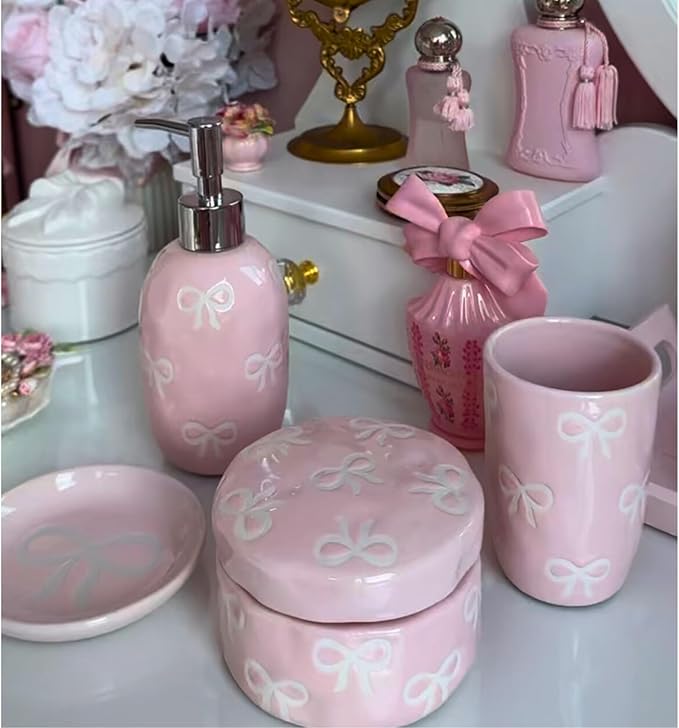 Bow Bathroom Set, 4 Pcs Ceramic Bathroom Accessory Sets - Soap Dispenser, Tumbler Toothbrush Holder, Vanity Soap Tray, Cotton Swab Jars - Pink Bathroom Decor Gift for Her (Pink)