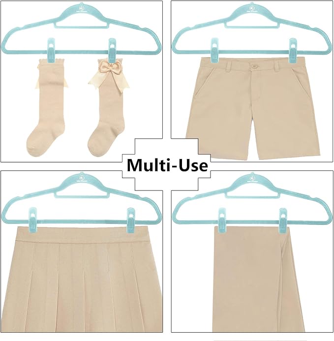 Velvet Hangers, Non-Slip Ultra Slim Space Saving Hanger, with notches, tie bar, and Swivel Hooks, 30 Pack, with Bonus 20 Matching Velvet Finger Clips. Blue (Aqua)
