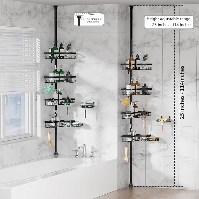 Tension Pole Shower Caddy, 4-Tier Stainless Steel Shower Organizer with 2 Removable Soap Holders, 25 to 114.2 Inches, for Bathtub/Bathroom Corner, Renters Friendly, Black