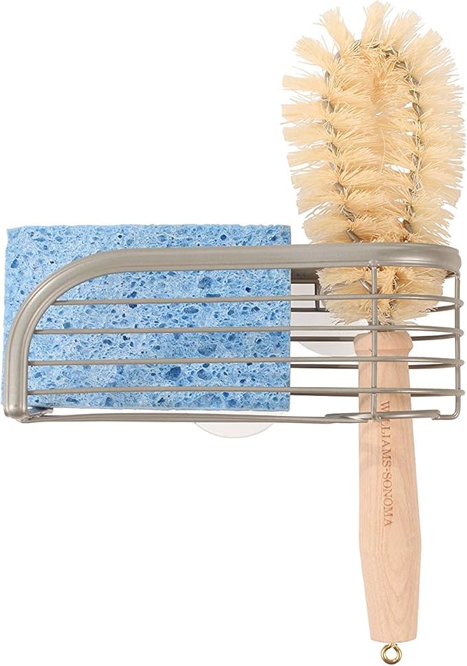 Spectrum Sink Sponge and Brush Holder with Suction Cups Ashley 2 in 1 Sink Caddy Satin Nickel, No Rust Easy Mount Suction Cup Kitchen Sink Sponge and Brush Holder Wire Cradle Promotes Quick Drying