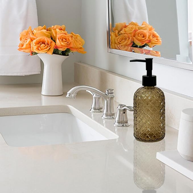 Brown Glass Dish Soap Dispenser for Kitchen, 13.5oz Refillable Liquid Hand Soap Dispenser Set, Crystal Lotion Bottle for Modern Home Decor, Bathroom Countertop, Hotel