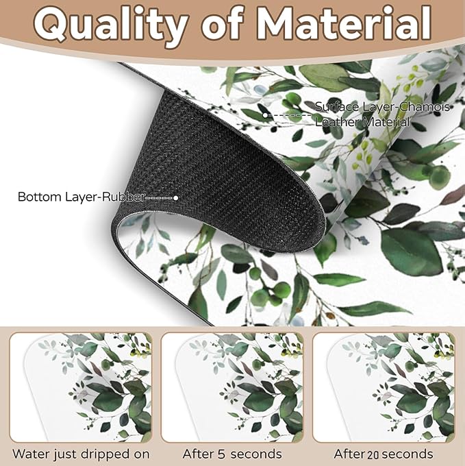 Sink Faucet Absorbing Mat, Spring ﻿Fresh Green Leaf Kitchen Faucet Mat, Sink Splash Guard, for Bathroom Kitchen Sink Splash Guard Drying Mat 15.4"x5.7"