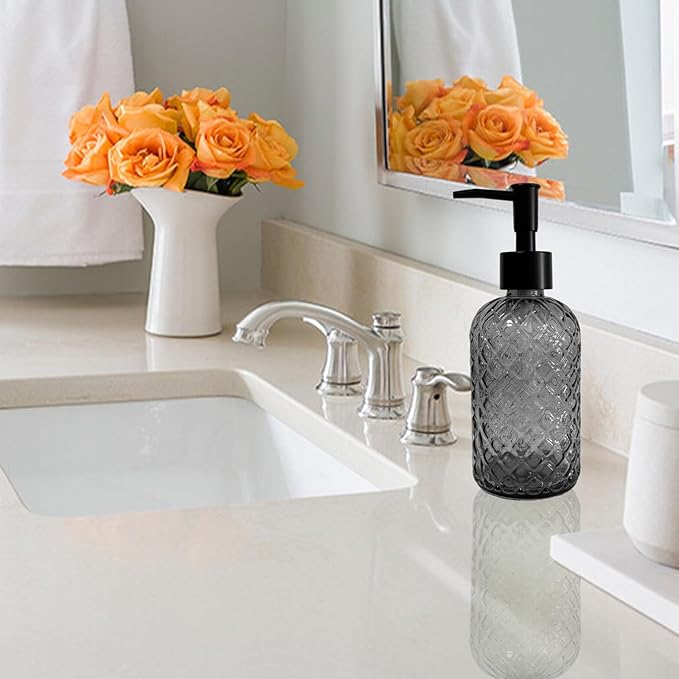 Grey Glass Soap Dispenser with Black Plastic Pump, 13.5oz Refillable Liquid Hand Dispenser, Lotion Dish Soap Dispenser for Modern Home Decor, Bathroom, Kitchen Countertop, Hotel