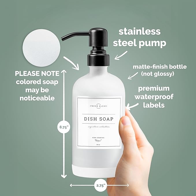 Vine Creations White Glass Soap Dispenser, 2 Pack Kitchen Soap Dispenser Set with Stainless Steel Pump, 16 oz Dish Soap and Hand Soap Dispensers for Bathroom with Waterproof Labels