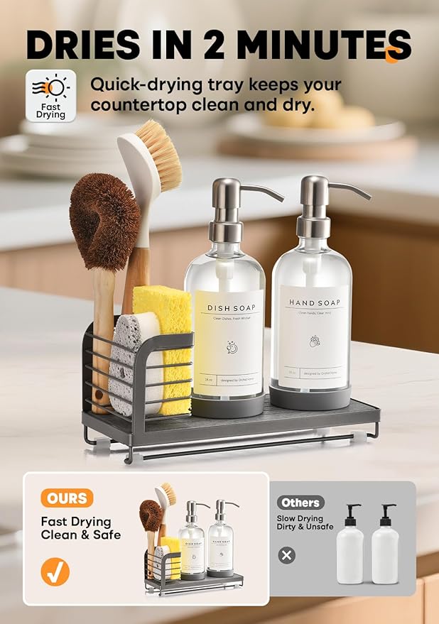 Kitchen Soap Dispenser Set with Drying Tray – 16oz Glass Bottles with Stainless Steel Pumps, Sink Organizer Caddy with Brush Holder & Non-Slip Feet – All-in-One Dish & Hand Soap Station