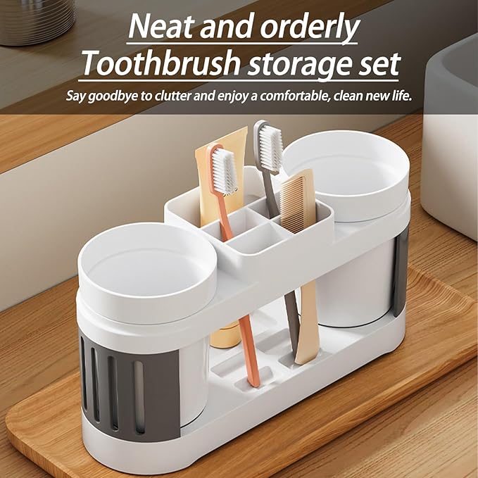 Round Toothbrush Holder Set: Bathroom Vanity Organizer for Toothbrushes & Cups, Suitable for Couples & Kids (Gray White)