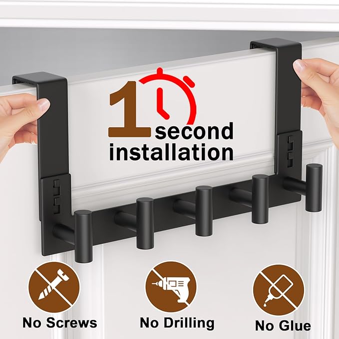 VINHOLD Stainless Steel Over Door Hooks, Over Door Hanger Holder for Robe Cloths, Heavy Duty Towel Hooks, Coat Rack, Doors Organizer for Bathroom, Bedroom, Locker Room & Closet (1 Pack, Black)