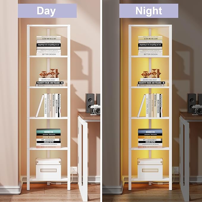 TUTOTAK 6-Tier Corner Bookshelf with LED Light,Corner Shelf for Small Space, Narrow Display Corner Shelf Stand with Storage Rack, for Living Room, Bedroom, Pure White V1BS05BW006L