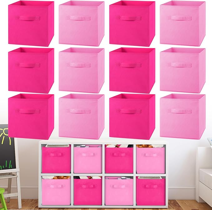 Yinder 12 Pcs Cube Storage Bin Pink 11'' Storage Bins for Playroom Decor Colorful Bins for Kids Foldable Baskets for Nursery Organizer Boxes Fabric Boxes