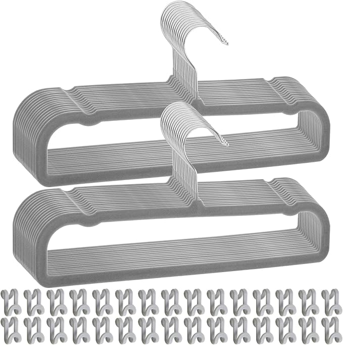 Velvet Pants Hangers Non Slip, 30 Pack Velvet Hangers for Closet with 30 Hooks, Strong Durable Space Saving Slim Clothes Hanger, Ultra Thin Flocked Hanger for Pants, Shirts, Bra, Shorts (Grey)