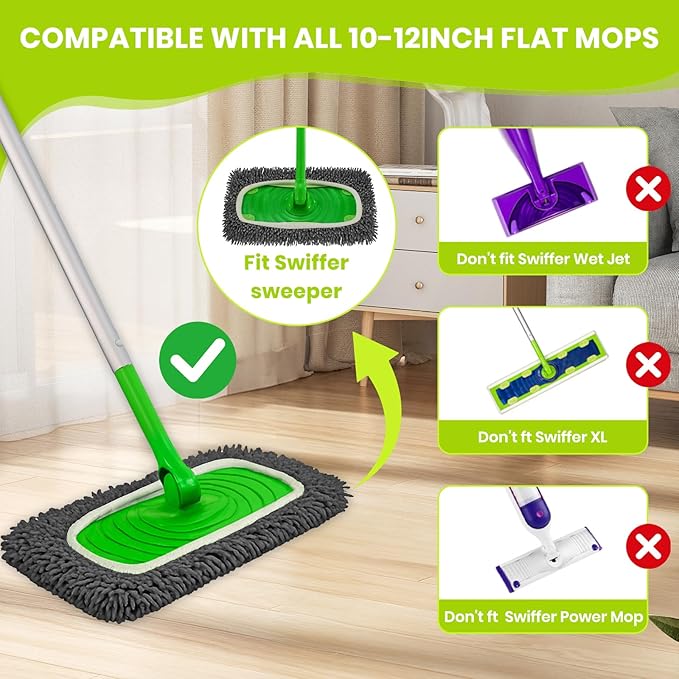 8 Pack Chenille Mop Pads, Reusable Microfiber Mop Refills for 10''–12'' Flat Mops, Washable Wet & Dry Floor Pads for Hardwood, Tile, Compatible with Swiffer Sweeper(Gray)
