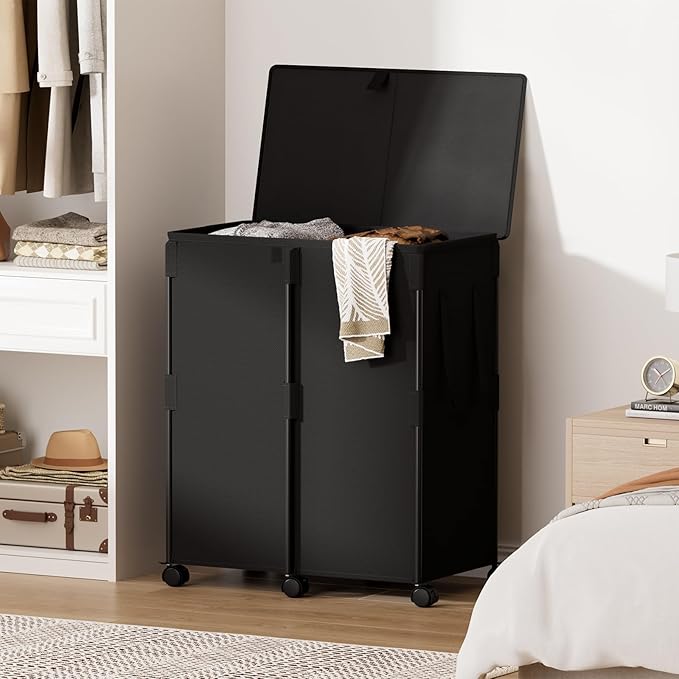 Chrislley 160L Large Double Laundry Hamper with Lid and 6 Wheels, Rolling Laundry Basket with 2 Removable Bags, Heavy Duty Metal Frame Laundry Cart, Dirty Clothes Hamper for Bathroom, Bedroom (Black)