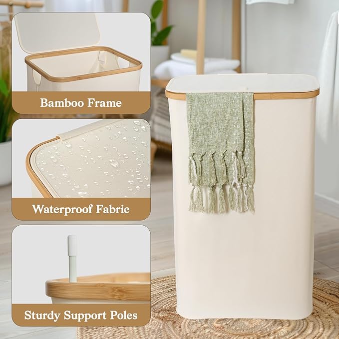 Laundry Basket with Lid, 75L Slim Laundry Hamper with Removable Bag, Travel Dirty Clothes Basket with Bamboo Handles for Bathroom, Bedroom & Laundry Room, Beige