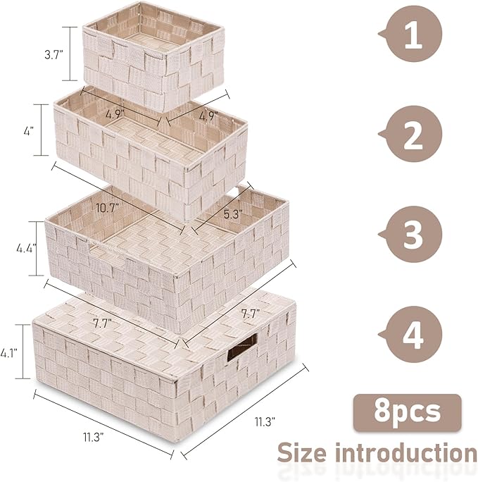 Storage Bins Woven Organizer with Lids Set of 8 – Polypropylene Storage Baskets with Metal Frame, Stackable Fabric Boxes for Drawers, Closet, Shelf, Nursery and Office, Beige