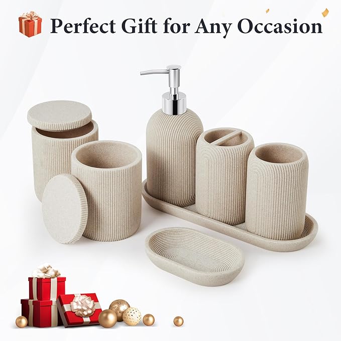 Bathroom Accessories Set - 7-Piece Resin Bathroom Set, Toothbrush Holders Set, Soap Dispenser, Qtip Holder Dispenser, Tumbler, Soap Dish & Tray, Modern Bath Decor for Home Dorm Hotel (Beige)
