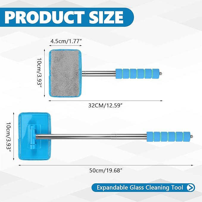 Car Windshield Cleaning Tool, Car Windshield Window Cleaner, Auto Glass Wiper Tool with Extendable Handle & Reusable Microfiber Pad, Universal Vehicle Cleaning Car Accessories (Sky Blue)