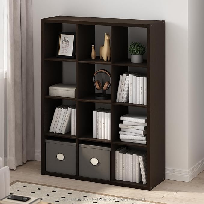 Furinno Simple Cube Storage Organizer, 12-Cube Display Shelf, Open Back Shelving Unit, Storage Shelves, Extra Thick Frame, for Organization and Storage, Living Room, Home Office, Dark Oak