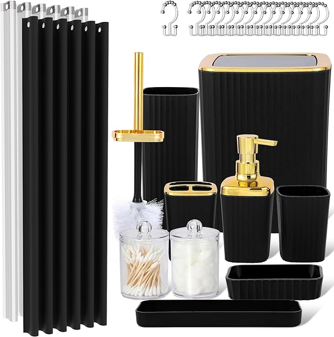 Black Bathroom Set, 23 PCS Black Bathroom Accessories Set with Shower Curtains, Trash Can, Toothbrush Holder, Soap Dispensers, Toothbrush Cup, Vanity Tray, Soap Dish, Toilet Brush, Qtip Holders