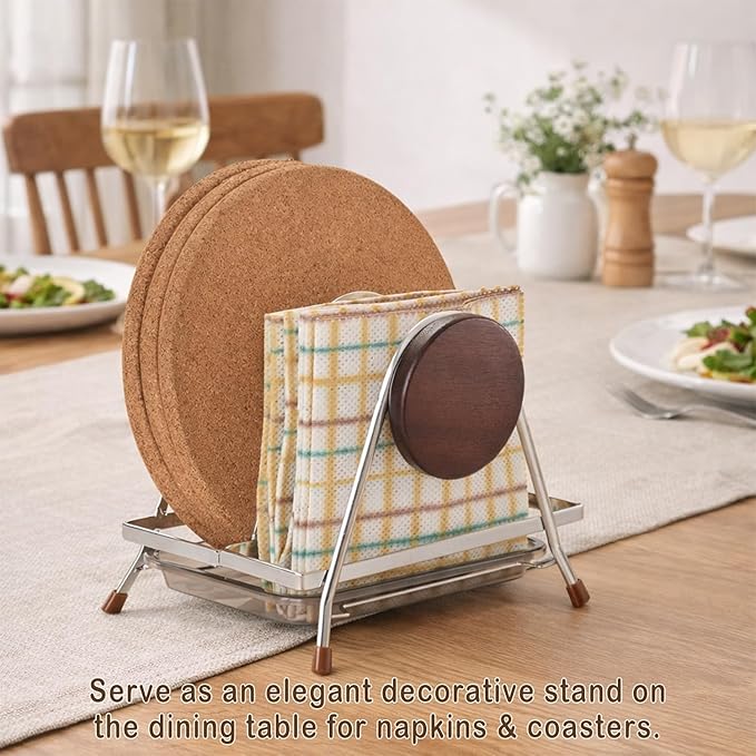 6.5mm Stainless Steel Pot Lid Holder while Cooking, Multifunctional Cutting Board Pan Lid Organizer for Countertop with Beech Wood Accents, Heavy Duty Rack with Nonslip Pads & Removable Drip Tray