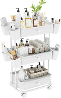 3 Tier Drawer Shelf Beauty Cart with 12 Movable Storage Organizer, Thickened Durable ABS, 360° Wheels for Salon Station for Hair Stylist, Beauty Salon, Spa Massage Parlor, Makeup Organizer - White
