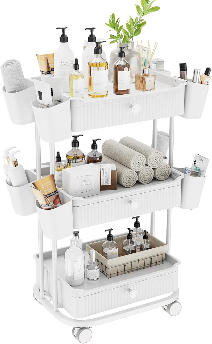 3 Tier Drawer Shelf Beauty Cart with 12 Movable Storage Organizer, Thickened Durable ABS, 360° Wheels for Salon Station for Hair Stylist, Beauty Salon, Spa Massage Parlor, Makeup Organizer - White