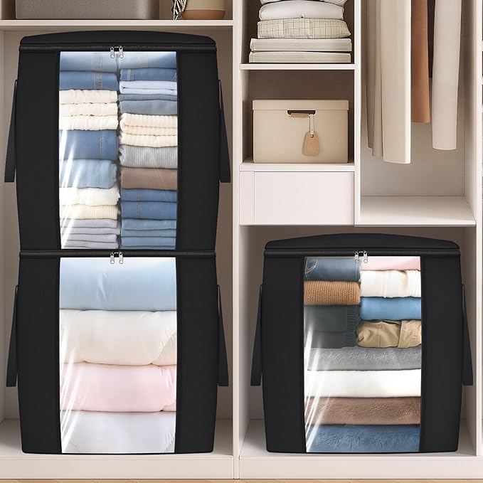 120L Extra Large Clothes Storage Bags, Foldable Blanket Storage and Organization, Thick Fabric Containers with Reinforced Handles & Zippers for Clothing, Comforters, Bedding, Black, 2 Pack