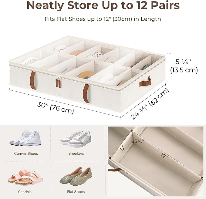 StorageWorks Shoe Organizer for Closet, Fits up to 24 Pairs, 2-Pack Ultra-thick Fabric Under Bed Shoe Storage Containers with Bottom Support and Adjustable Dividers, Beige