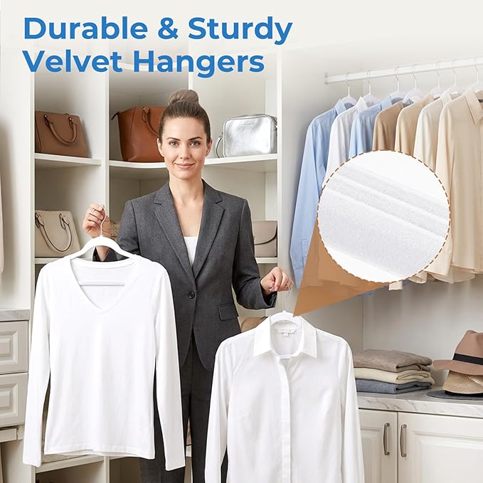 Smartor White Velvet Hangers 50 Pack, Non Slip Clothes Hangers with Shoulder Notches, Premium Slim Space Saving Felt Hanger for Closet Organizers and Storage, Heavy Duty Hanger for Coat