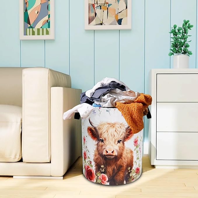 Cute Highland Cow Laundry Basket Oxford Cloth Animal Laundry Hamper With Handle Foldable Portable Clothes Storage Basket 18.9 X 16.5 Inch Storage Bag For Laundry Room/Bathroom/Bedroom/Dormitories