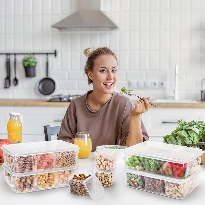 4 Pack Salad Bar Container for Fridge, Plastic Food Storage Organizer with Lid, Stackable Refrigerator Bins with 24 Individual Removal Boxes, Reusable Meal Prep Container for Fruit, Vegetable