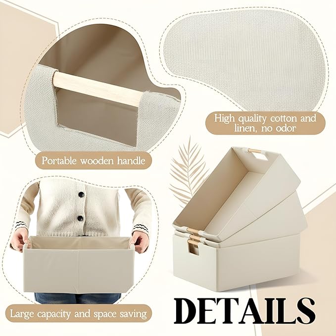 3 Pack Fabric Storage Bins for Closet Shelves, Rectangle Wardrobe Organizer with Handle, Collapsible Shelves Storage Basket for Sorting Clothes and Toy (Beige,15 x 10.6 x 6 Inch)