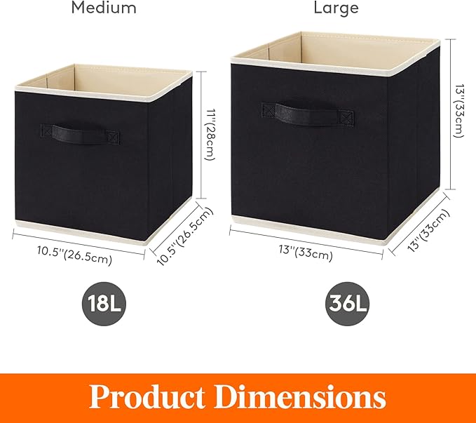 Lifewit Storage Cubes, Foldable Decorative Fabric Storage Baskets for Organizing Home Organizers with Handles for Shelves, Closet, 13 Inch Bins, 36L Black, 6 Packs